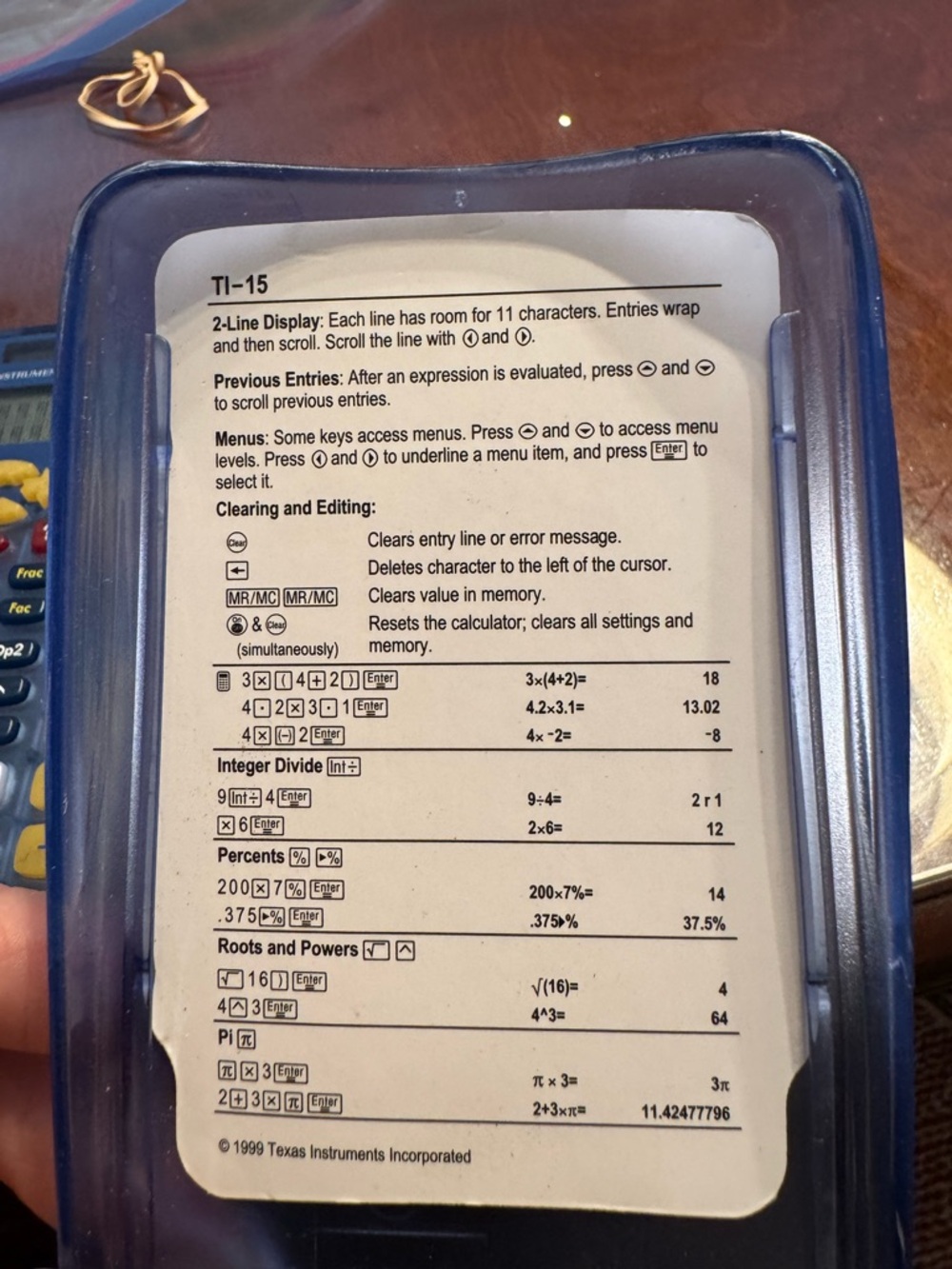 Texas Instruments TI-15 Calculator Cover Insert - Blue/Clear - Picture 6 of 6